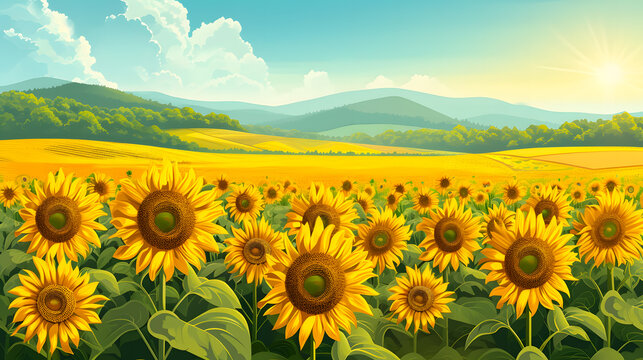 Big field of sunflowers in summer