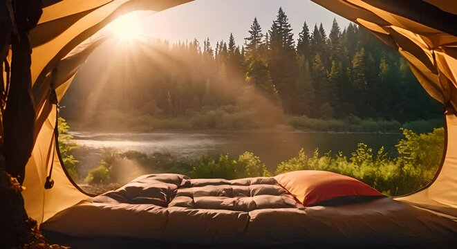 View of the serene landscape from inside a tent Camping at campsite with sleeping bags Stunning sunrise Video