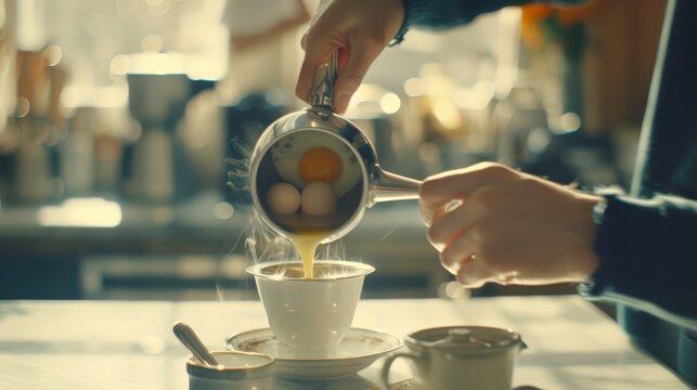 a person pouring eggs into a cup with a saucer on a table next to a cup with a saucer on it.