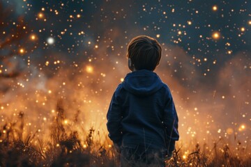 Fototapeta na wymiar Starry-eyed Boy looking stars. Science astronomy. Generate Ai