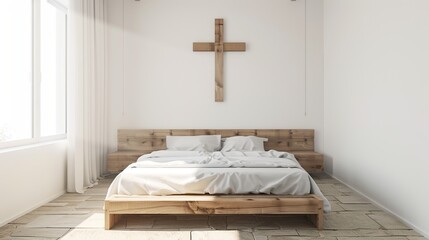 wooden cross of jesus on the bedroom wall