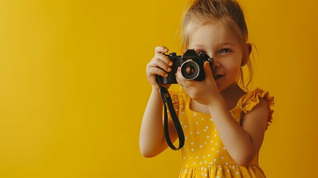 A little cute girl making photo with camera on yellow background.