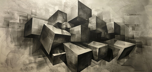 A cluster of charcoal-drawn cubes in a dynamic abstract composition. - obrazy, fototapety, plakaty