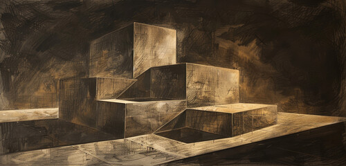 Abstract isometric shapes creating an optical illusion in charcoal.