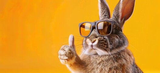 Easter background: Cute Easter bunny in sunglasses giving a thumbs up on an orange background with copy space, banner design - obrazy, fototapety, plakaty