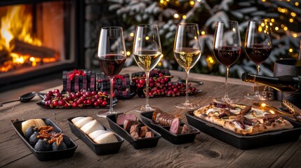 a wooden table topped with trays of food and glasses of wine next to a fire place filled with food.