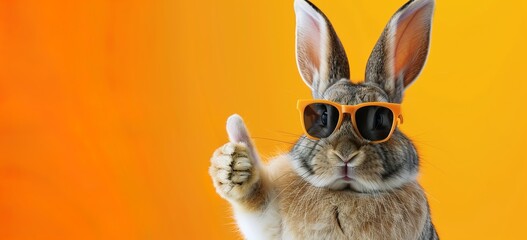 Easter background: Cute Easter bunny in sunglasses giving a thumbs up on an orange background with copy space, banner design - obrazy, fototapety, plakaty