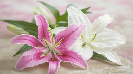 a couple of white and pink flowers sitting on top of a pink and white table cloth on a pink and white table cloth.