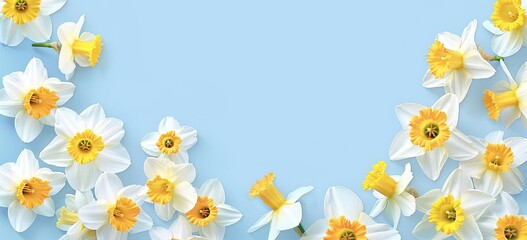 Easter background: Cute white daffodils border a blue background with copy space for text, in a top view