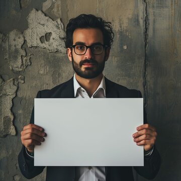 Bearded Man with Dark Hair Wearing Business Suit Holding Up a Blank Sign