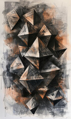 Abstract tetrahedrons in a charcoal texture with shadows.