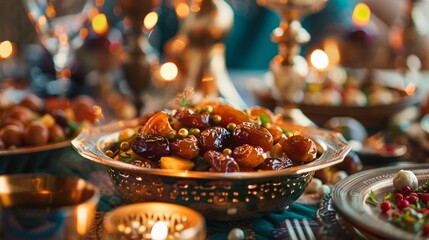 Close-up dates fruit dish Eid Mubarak Muslim Asia family have Iftar dinner