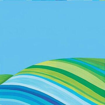 a painting of a green, blue, and yellow striped umbrella with a blue sky in the backround.