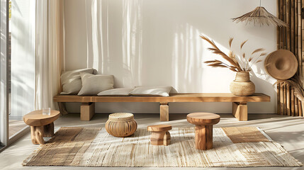 Obraz premium Benches in natural wood finishes, accompanied by woven throw pillows and a contemporary area rug