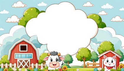 Cartoon illustration of a farm scene with animals