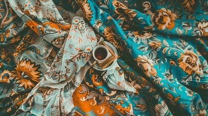 a cup of coffee sitting on top of a blue and orange flowered cloth with a cup of coffee on top of it.