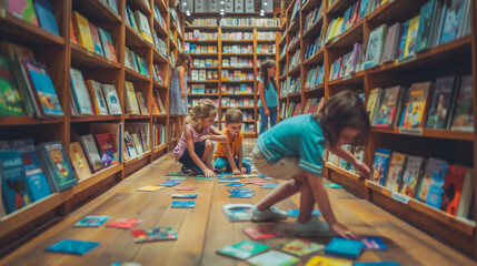 Image of Kids exploring books scattered on the floor between towering shelves filled with colourful children’s literature in a well-lit library