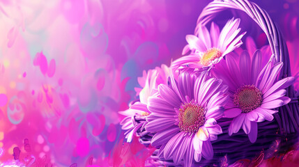 a basket filled with purple daisies sitting on top of a purple and pink flower filled field of daisies.