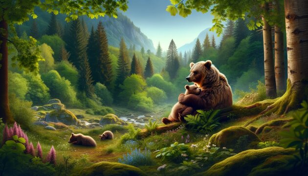 A mother bear cuddles her cub in a lush, tranquil forest. This image captures the essence of wildlife and family bonds.