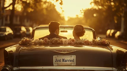 Fototapeten Just Married Couple in Vintage Car at Sunset © Noppakun