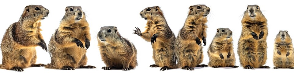 Marmot group standing, sitting and jumping different poses on white background.