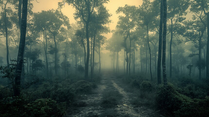 Misty Forest Path at Dawn