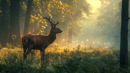 Majestic Deer in Misty Sunrise Forest