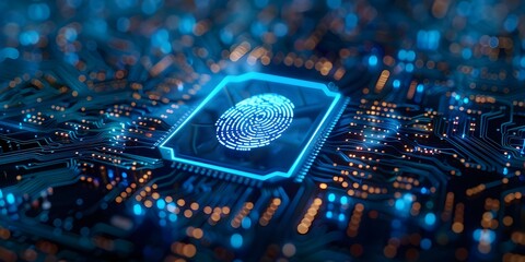 Blue microchip with fingerprint symbolizing cybersecurity data protection and secure internet access in future technology. Concept Cybersecurity, Data Protection, Secure Internet Access - obrazy, fototapety, plakaty