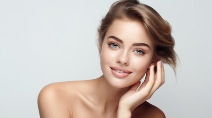 Fototapeta premium Beautiful Asian woman with Clean Fresh Skin touch own face. Skincare beauty concept