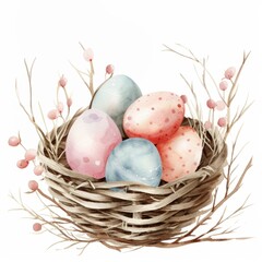 Basket of Easter eggs. Spring floral easter background. Blank space for text.