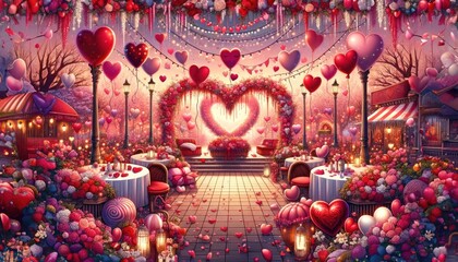 Heart-themed romantic celebration setting - obrazy, fototapety, plakaty