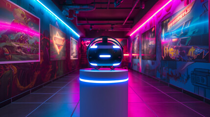 VR Headset Showcase in Vibrant Gaming Arcade - obrazy, fototapety, plakaty