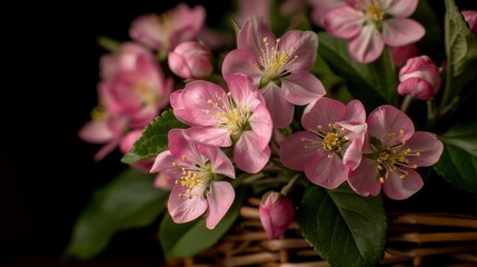 Obraz premium a basket filled with lots of pink flowers on top of a wooden table next to a green leafy plant.