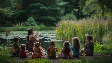 Children and an adult are engrossed in a storybook, seated by a tranquil pond surrounded by lush green trees, with the sun casting gentle rays.