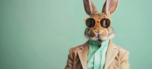 Easter background: Portrait of cute funny rabbit in sunglasses and pastel suit on green background, Easter concept - obrazy, fototapety, plakaty