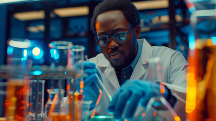 A Scientist Engaged in a Critical Experiment Amidst Colorful Chemicals in a Modern Lab, innovative research