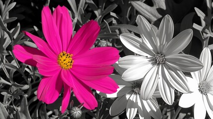 a black and white photo of a pink flower and a white and pink flower in a black and white photo.
