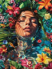 Tropical underwater scene with floating woman - An underwater view of a serene woman, drifting among vibrant tropical flowers and fauna, portraying a sense of calm and unity with nature