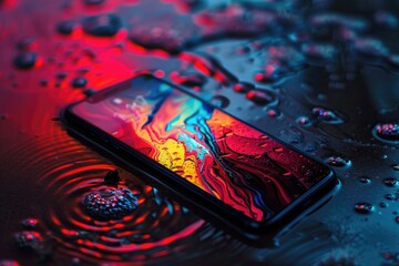 Artful smartphone with colorful abstract screen - Close-up of a smartphone surrounded by vivid paint swirls under a liquid surface highlighting digital artistry