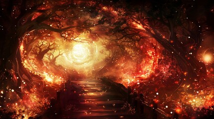 a painting of a path leading to a light in the middle of a forest with lots of fire and smoke coming out of it.