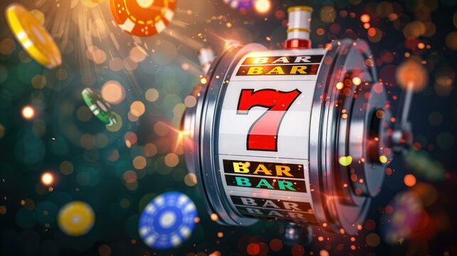 Vibrant casino slot machine with lights - A dazzling image featuring a slot machine with the winning 777, surrounded by casino chips and a festive atmosphere