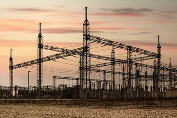 Electrical Substation Silhouette at Sunset