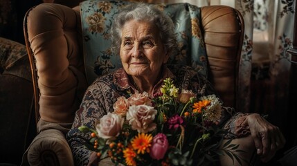 Elderly woman with a lifetime of stories, seated in vintage armchair, embracing colorful bouquet from loved ones