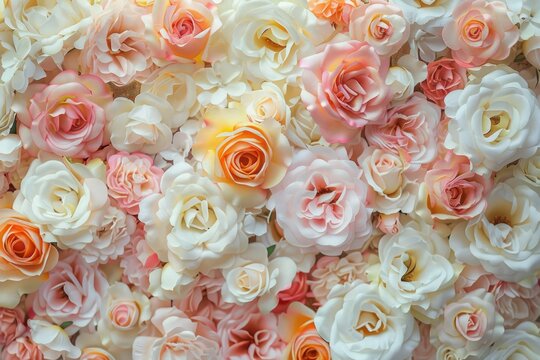 Assortment of delicate pastel roses close-up - Close-up image showcasing a plethora of soft pastel-colored roses filling the entire frame
