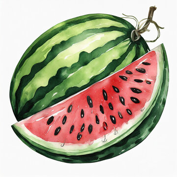 Watercolor illustration of ripe and juicy watermelon on white background. Fresh and tasty fruit.