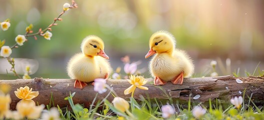 Easter background: Two yellow fluffy ducklings sitting on a log in a spring garden with blooming flowers - obrazy, fototapety, plakaty