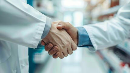 Pharmacist Handshake Signifying Teamwork and Agreement in a Pharmacy
