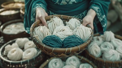 Obraz premium a person holding a basket of yarn in front of a basket of balls of yarn and baskets of balls of yarn.