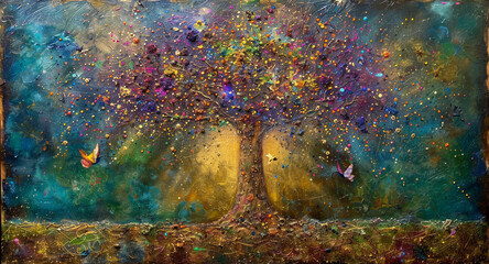 a painting of a tree with lots of colorful leaves on it and a bird in the middle of the tree.