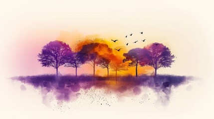 a watercolor painting of trees and birds flying over a body of water with a colorful sky in the background.